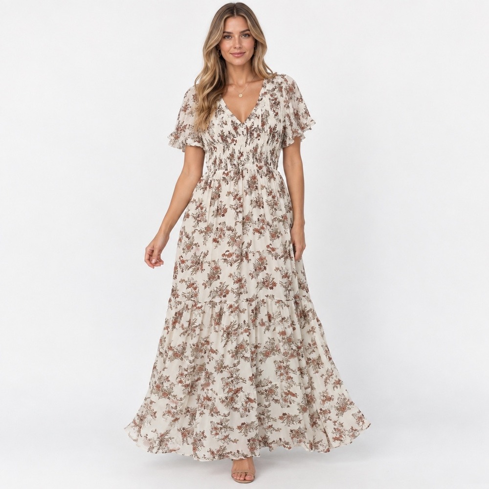 Baltic Born Arla Smocked Maxi Dress Cream Floral Tiered Ruffle Size L